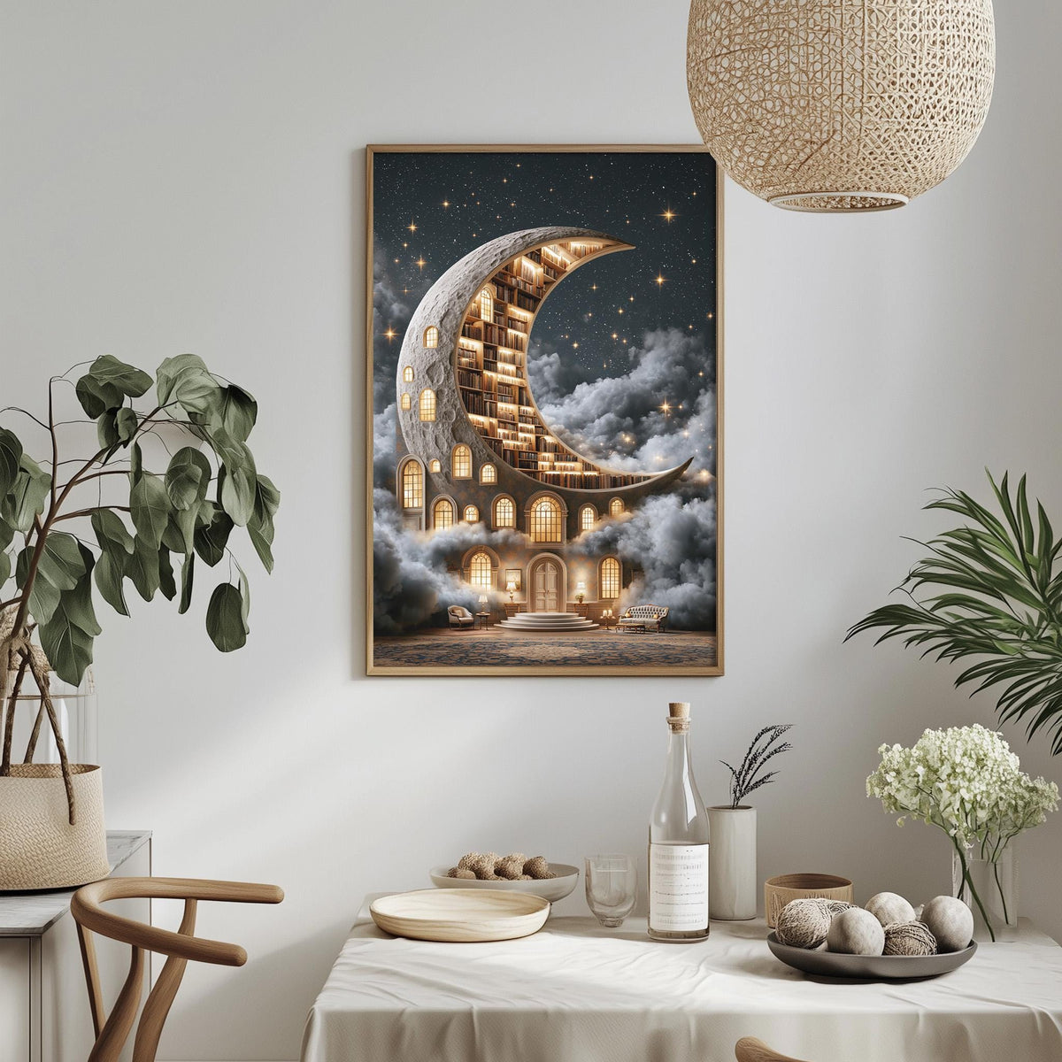 a large, whimsical painting of a crescent moon with a building-like structure on its surface, set against a starry night sky. The painting is hung on a wall above a dining table, which is decorated with various items such as a potted plant, a vase, and a bowl.