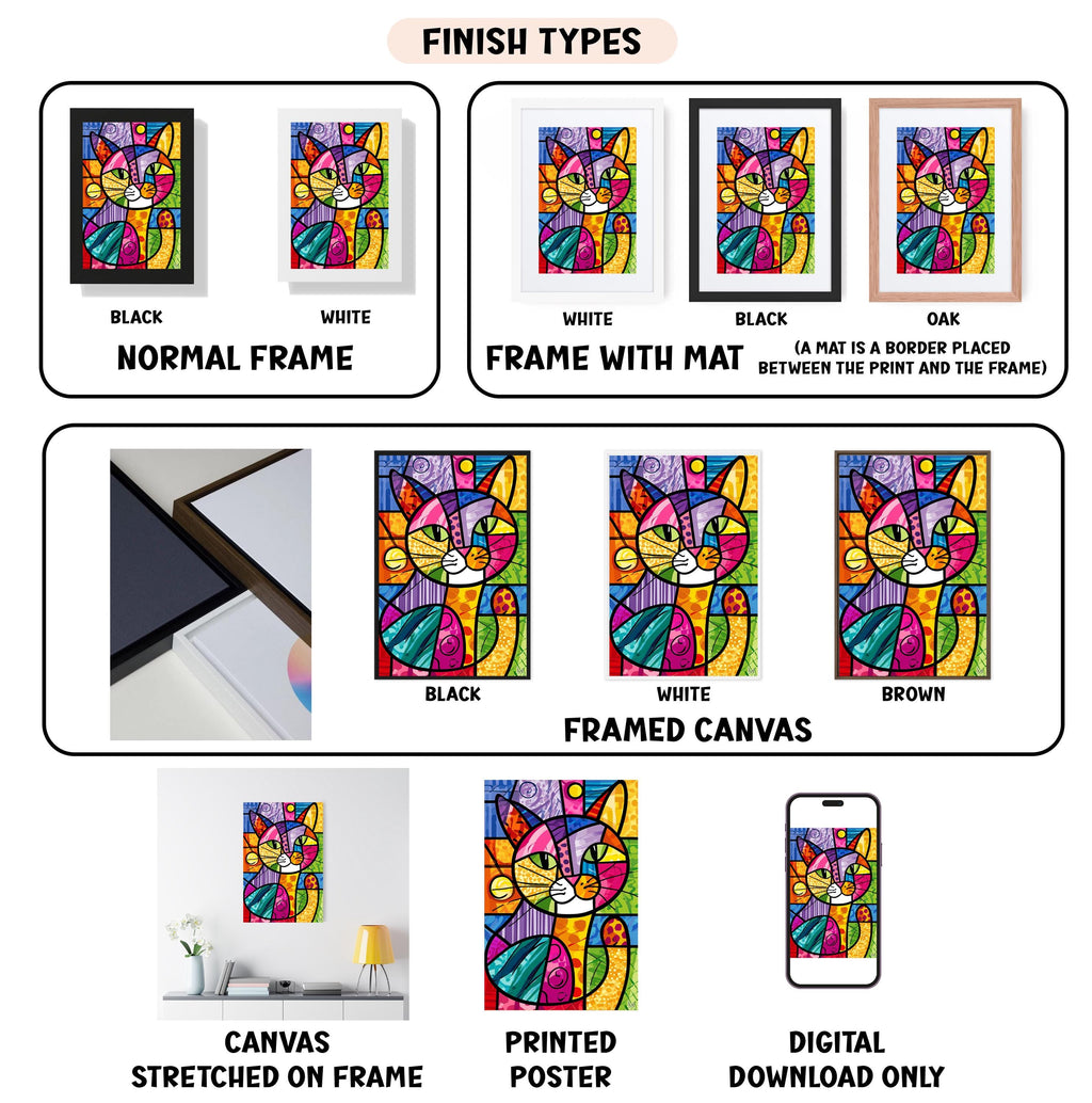 various types of framed artwork, including paintings and posters, with different finishes and mat colors. It also includes a digital download option for the artwork.
