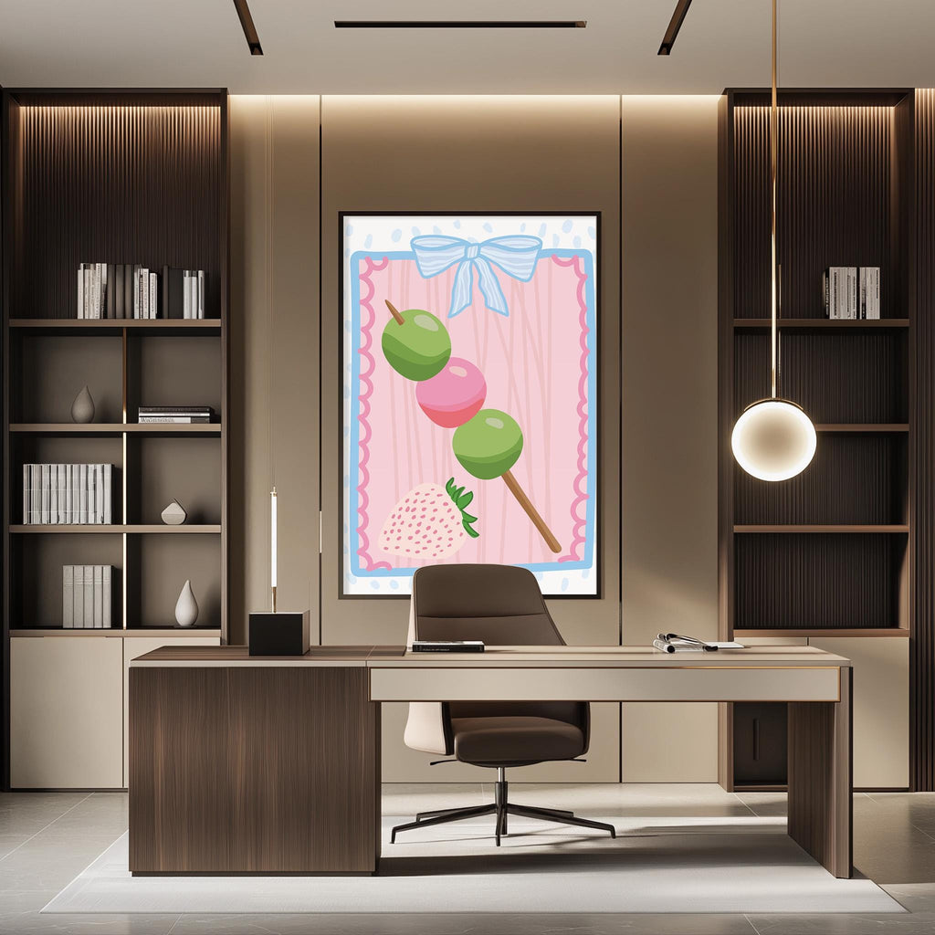 a modern office space with a large framed artwork featuring a strawberry on the wall. The office has a wooden desk, a chair, and a bookshelf filled with books. The overall design and decor create a professional and stylish atmosphere.