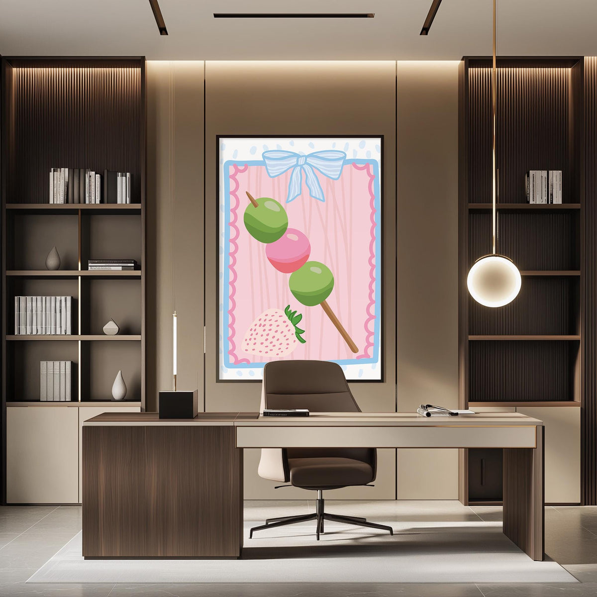 a modern office space with a large framed artwork featuring a strawberry on the wall. The office has a wooden desk, a chair, and a bookshelf filled with books. The overall design and decor create a professional and stylish atmosphere.