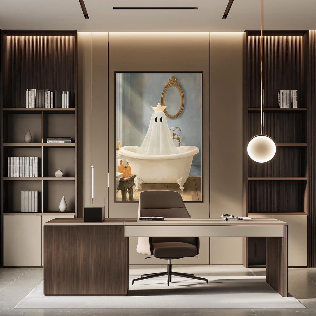 a modern office space with a large framed artwork of a ghost in a bathtub on the wall. The office features a wooden desk, a chair, and a bookshelf.