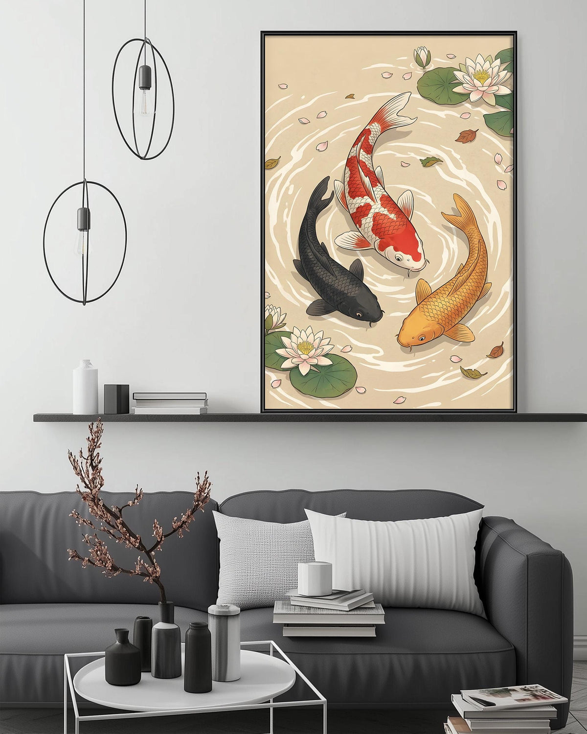 a living room with a gray sofa, a coffee table, and a large framed painting of koi fish swimming in a pond.
