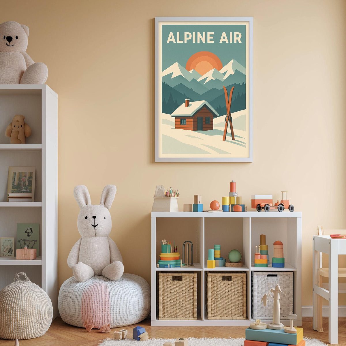 A cozy children's room with a large poster of a snowy mountain landscape, a stuffed rabbit, a toy train, and a toy castle. The room has a warm, inviting atmosphere with beige walls and a wooden floor.