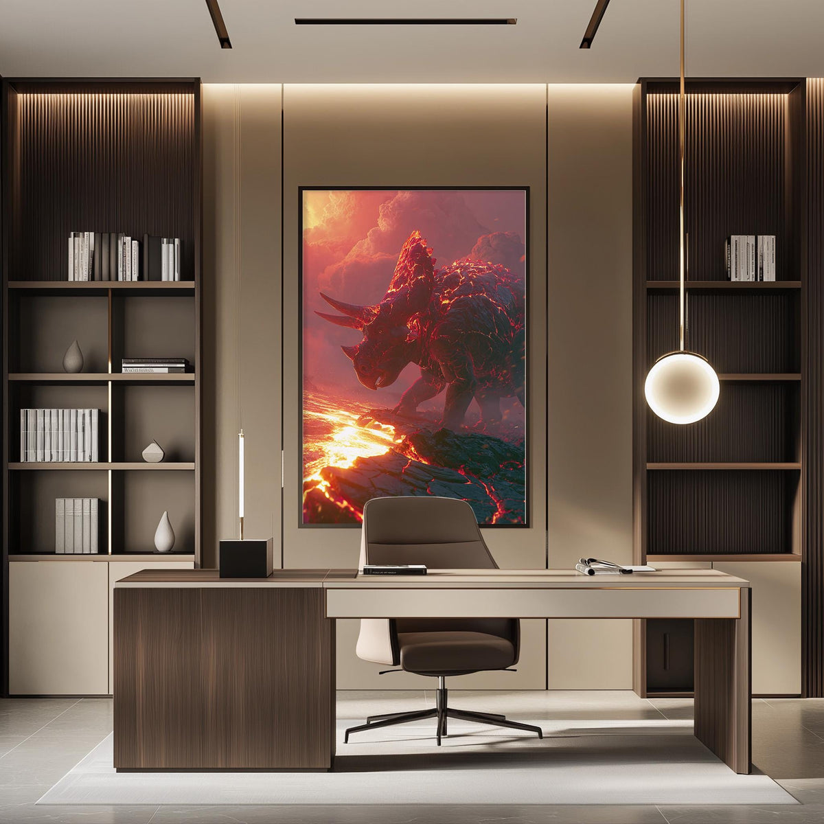 a modern office space with a large, striking painting of a dinosaur on the wall. The painting is a vibrant mix of red and orange hues, creating a dramatic and energetic atmosphere. The office itself is well-appointed with a desk, chair, and shelving units, providing a professional and organized environment.
