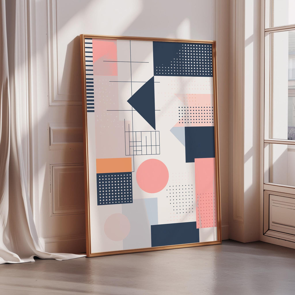 a large abstract art piece with various geometric shapes and patterns in shades of pink, blue, and gray. The art piece is displayed on a wall in a room with a window, creating a visually striking and modern aesthetic.