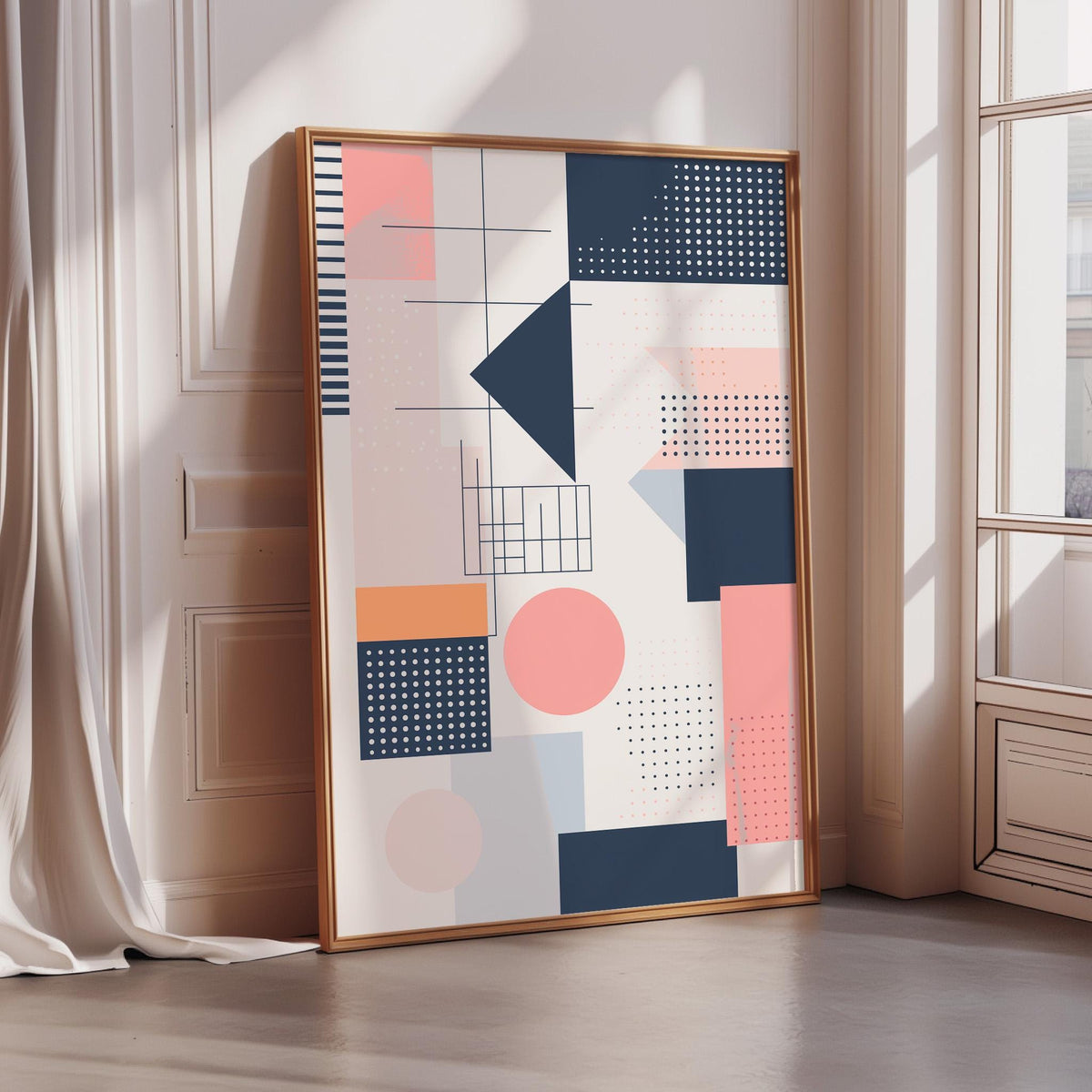 a large abstract art piece with various geometric shapes and patterns in shades of pink, blue, and gray. The art piece is displayed on a wall in a room with a window, creating a visually striking and modern aesthetic.