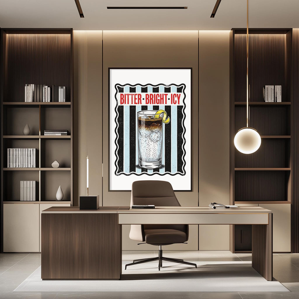 a modern office space with a desk, chair, and bookshelves. There is a framed poster on the wall that says "BITTER-BRIGHT-ICY", which appears to be a humorous take on a popular alcoholic beverage.