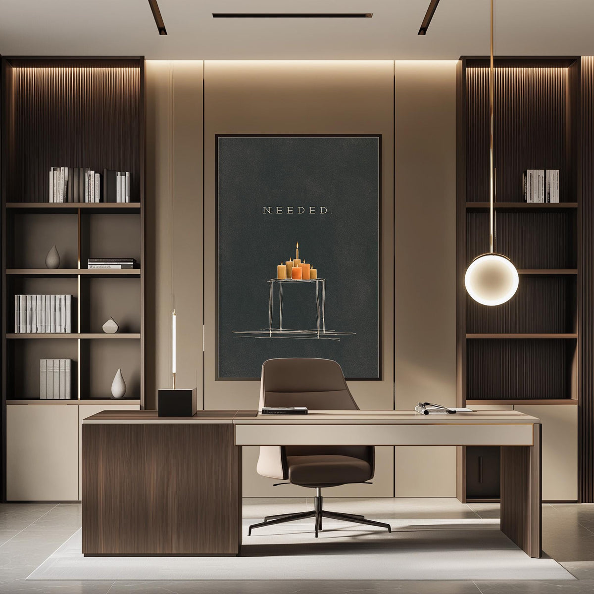 a modern and well-organized office space with a large wooden desk, a comfortable chair, and a bookshelf filled with books. The room has a minimalist and sophisticated design, with a large black and white poster on the wall featuring a candle-lit table and the word "NEEDED" written on it.