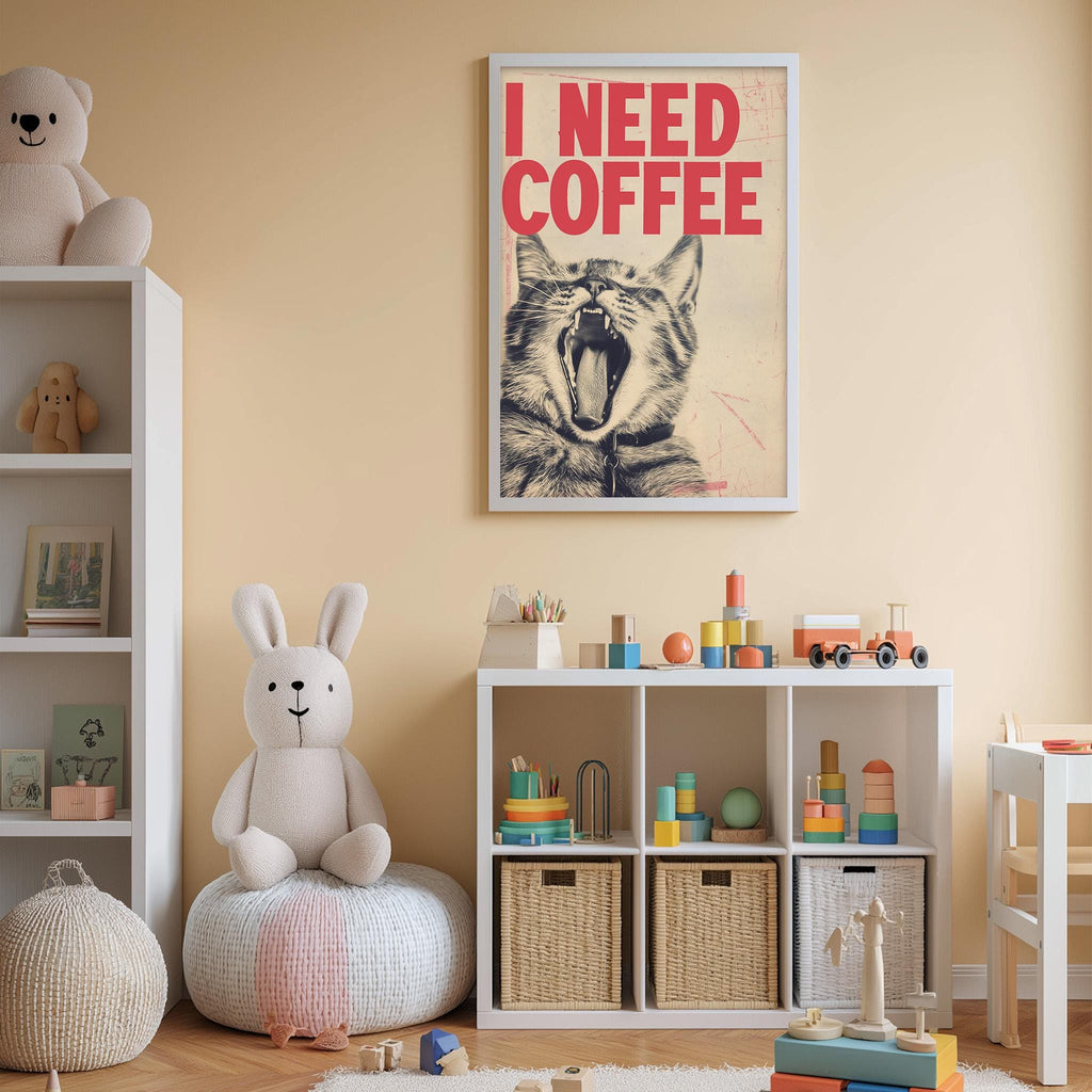 A child's bedroom with a white bookshelf, a stuffed rabbit, a framed poster with a cat's face, and various toys and storage bins.