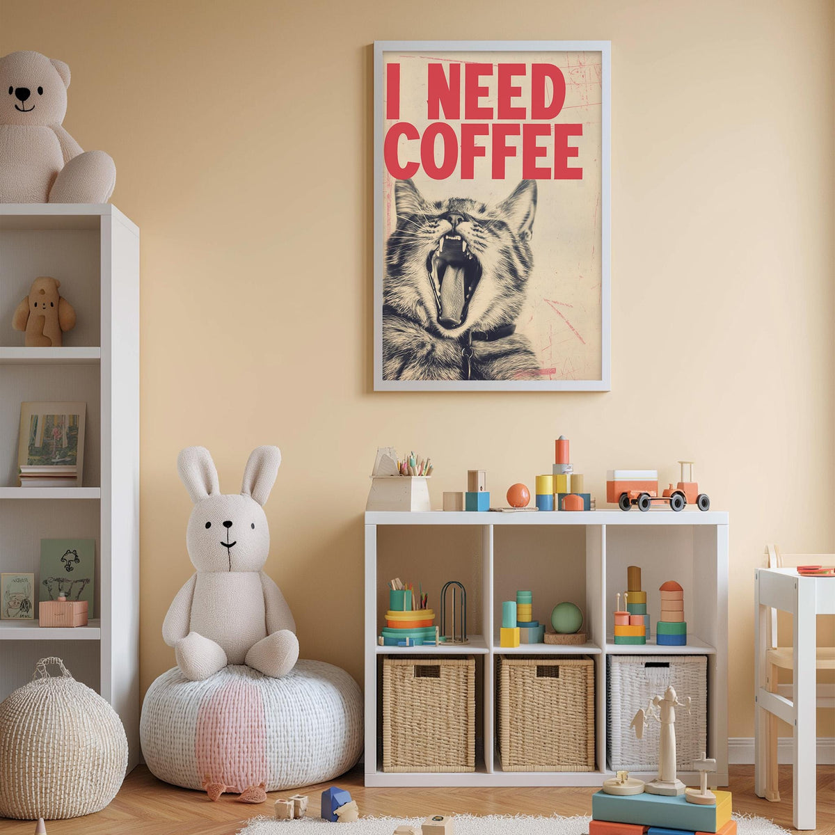 A child's bedroom with a white bookshelf, a stuffed rabbit, a framed poster with a cat's face, and various toys and storage bins.