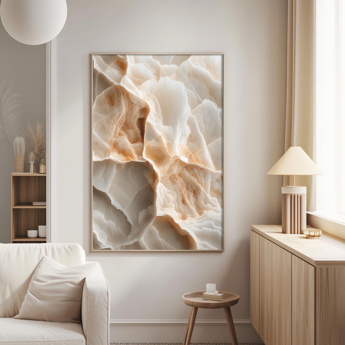 a living room with a large abstract painting hanging on the wall, a white sofa, a wooden side table, and a lamp on a wooden cabinet.