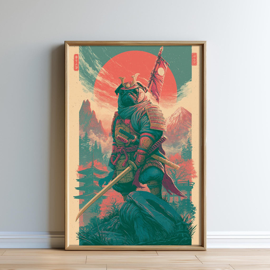 A framed illustration depicting a pug-like creature, possibly a dragon or a mythical creature, standing on a rock and holding a sword in a landscape with mountains and a red sun in the background.