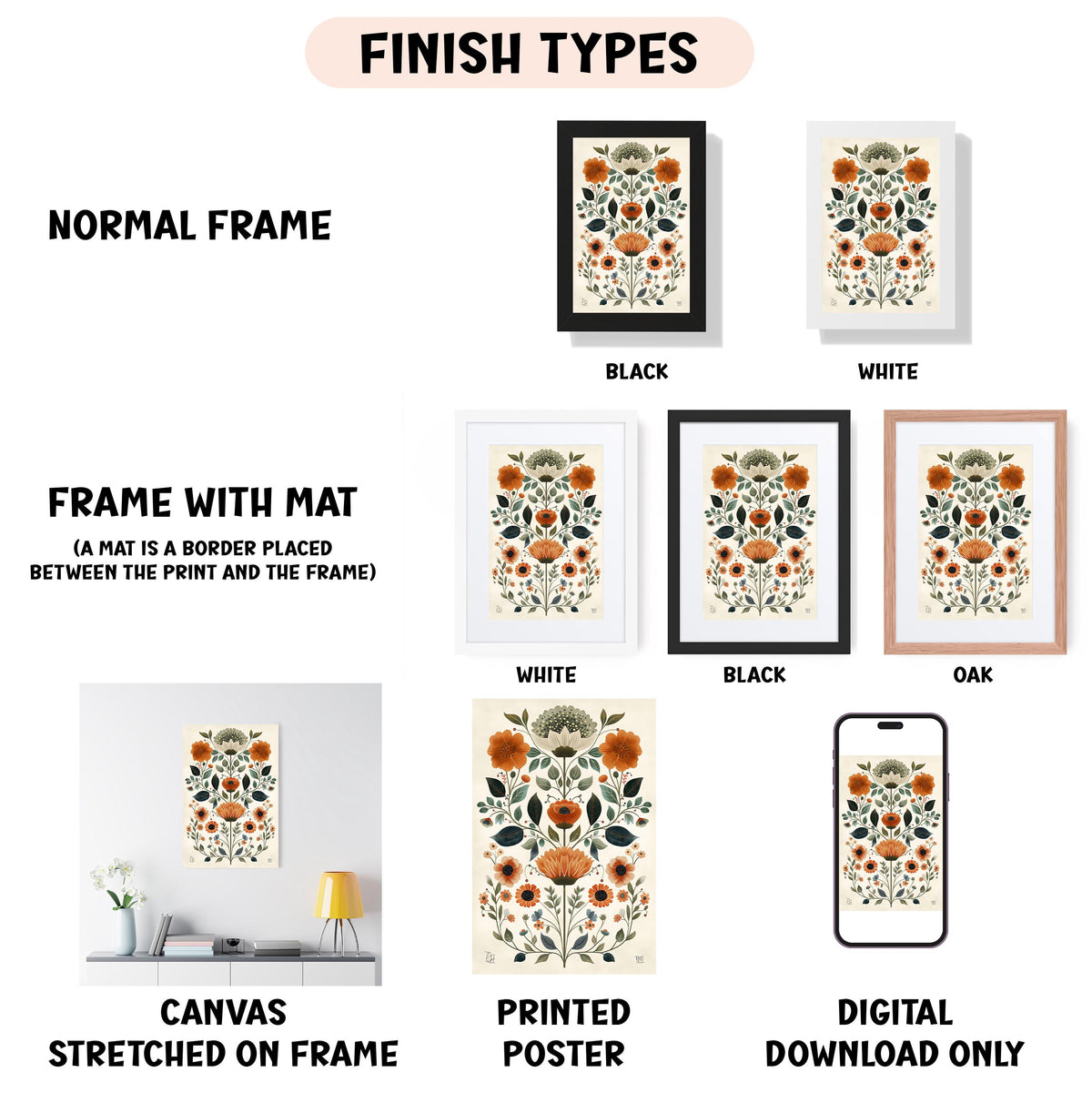 various finish types for artwork, including a normal frame, a frame with a mat, a white frame, a black frame, an oak frame, a white canvas stretched on a frame, a printed poster, and a digital download only.