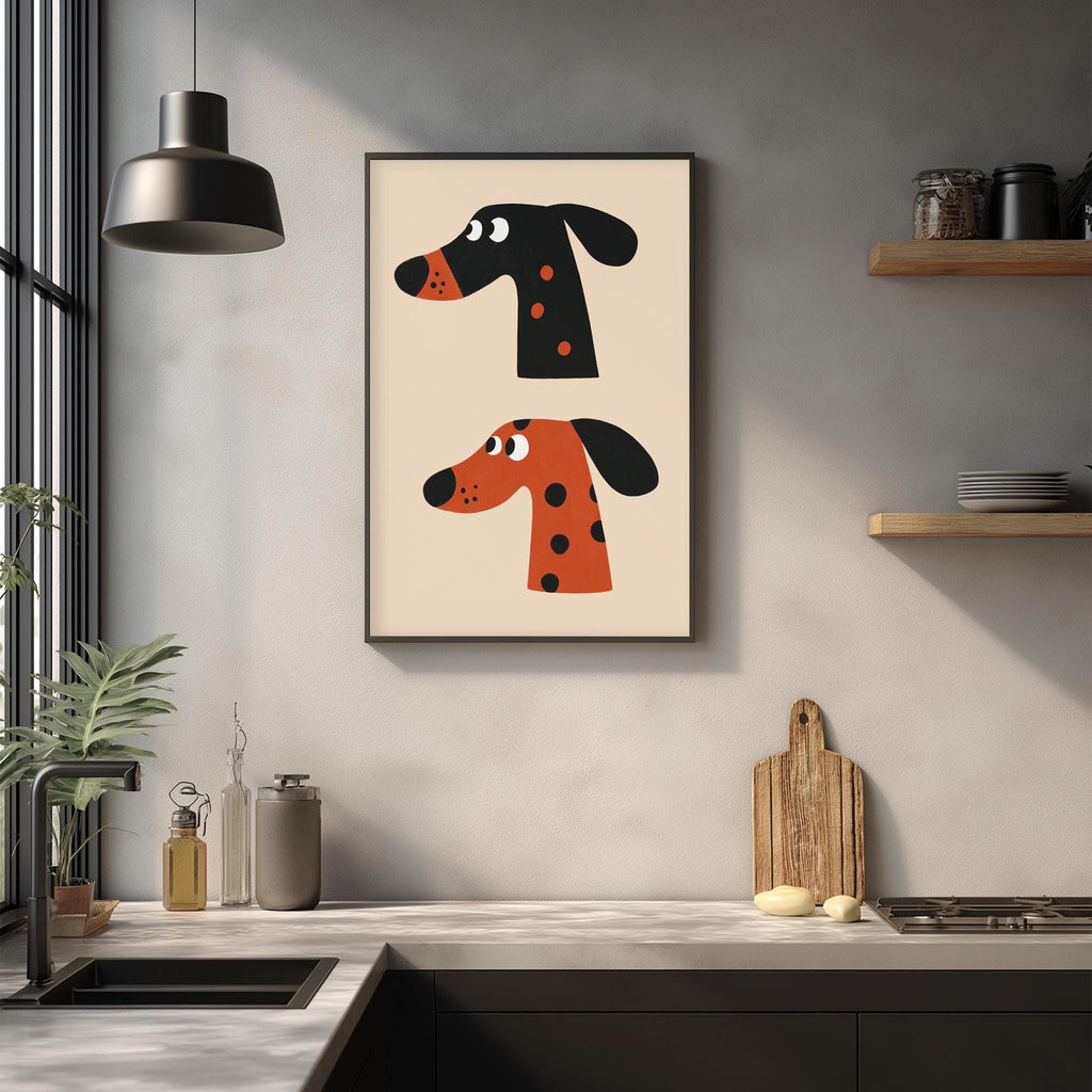 a kitchen counter with a framed picture of two cartoon dog heads, a wooden cutting board, and various kitchen items such as a bottle, a canister, and a bowl.