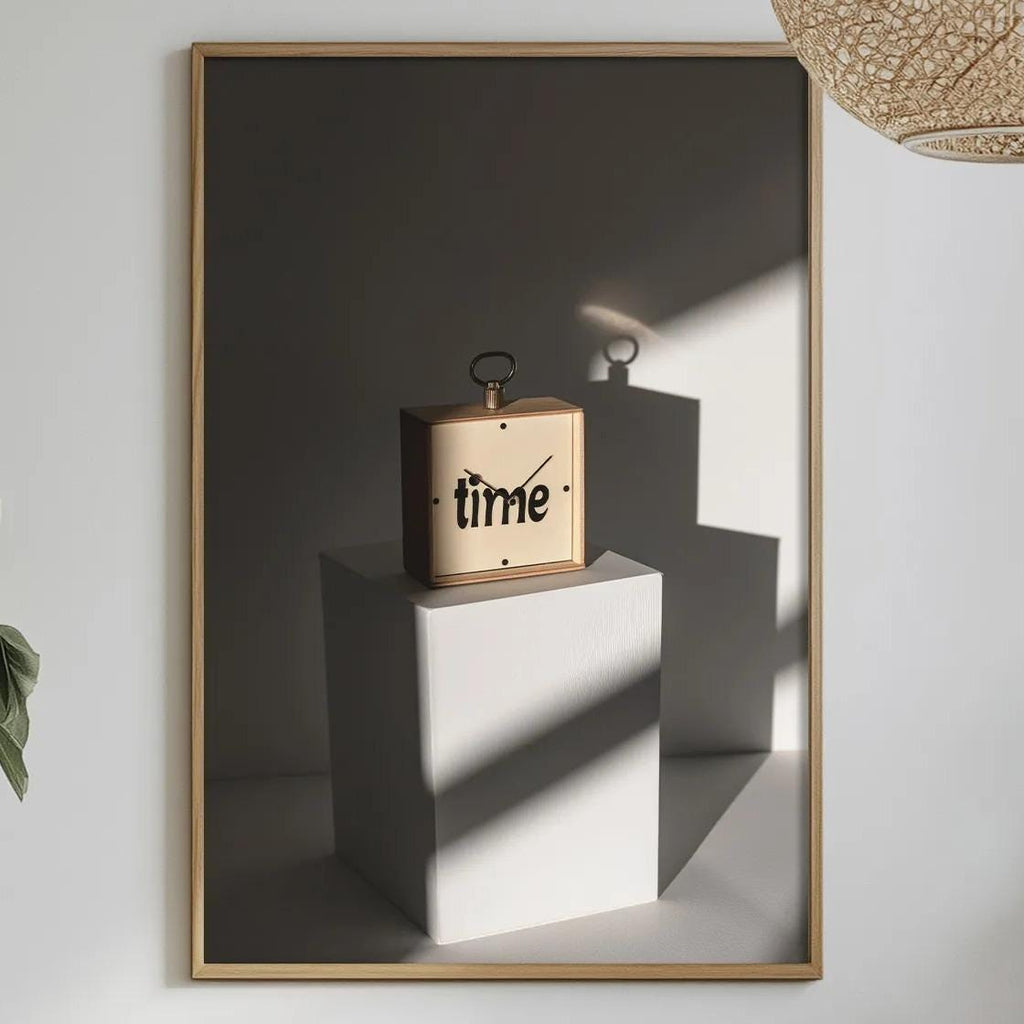 a minimalist dining room with a table set for two, a potted plant, a hanging light fixture, and a framed artwork on the wall.