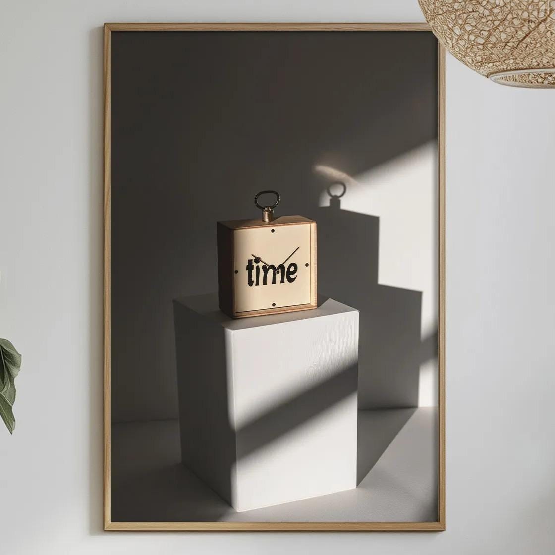 a minimalist dining room with a table set for two, a potted plant, a hanging light fixture, and a framed artwork on the wall.