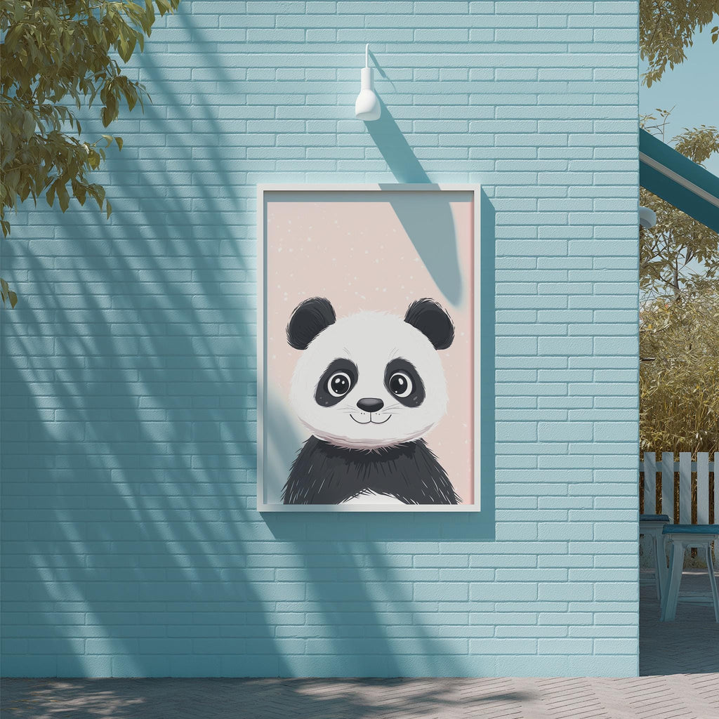 A framed illustration of a panda bear is displayed on a light blue brick wall, with a white light fixture above it.