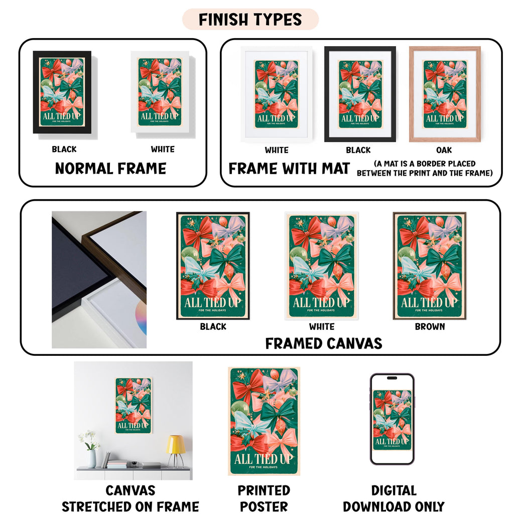 various types of framed artwork, including canvas prints, framed canvases, and printed posters, each with different finishes and mat colors.