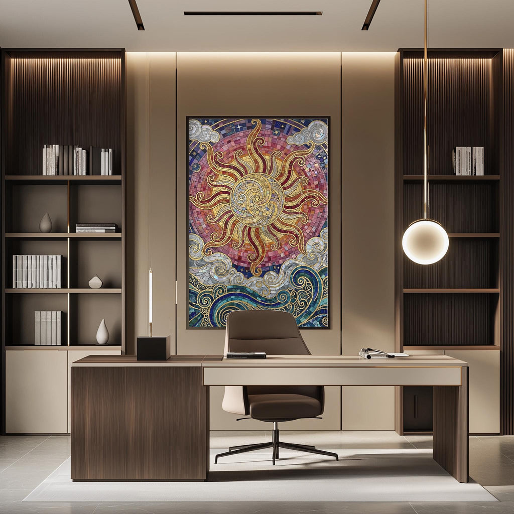 a modern and stylish office space with a large, colorful mosaic artwork hanging on the wall behind a desk. The desk is positioned in front of the artwork, creating a focal point in the room. The office also features built-in bookshelves and a pendant light, contributing to the overall contemporary design.