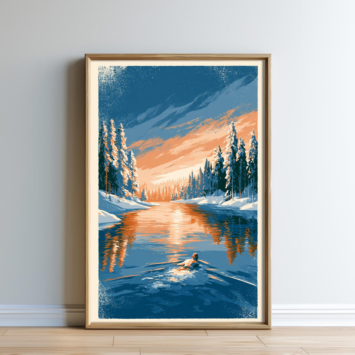 A framed painting depicting a serene winter landscape with a person canoeing on a calm lake surrounded by snow-covered trees and a vibrant sunset sky.