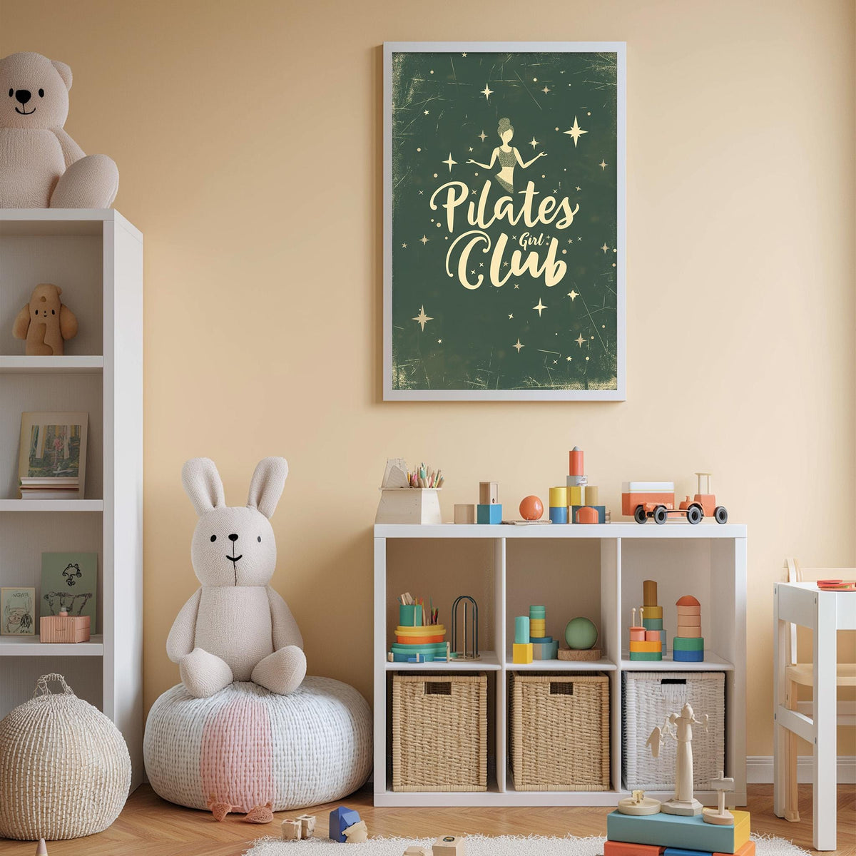 A cozy children's room with a stuffed rabbit, shelves filled with toys, and a framed poster on the wall that says "Pilates Club".