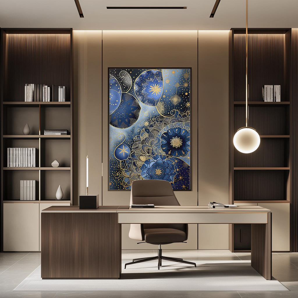a modern and stylish office space with a large abstract painting on the wall, a wooden desk with a chair, and built-in bookshelves.