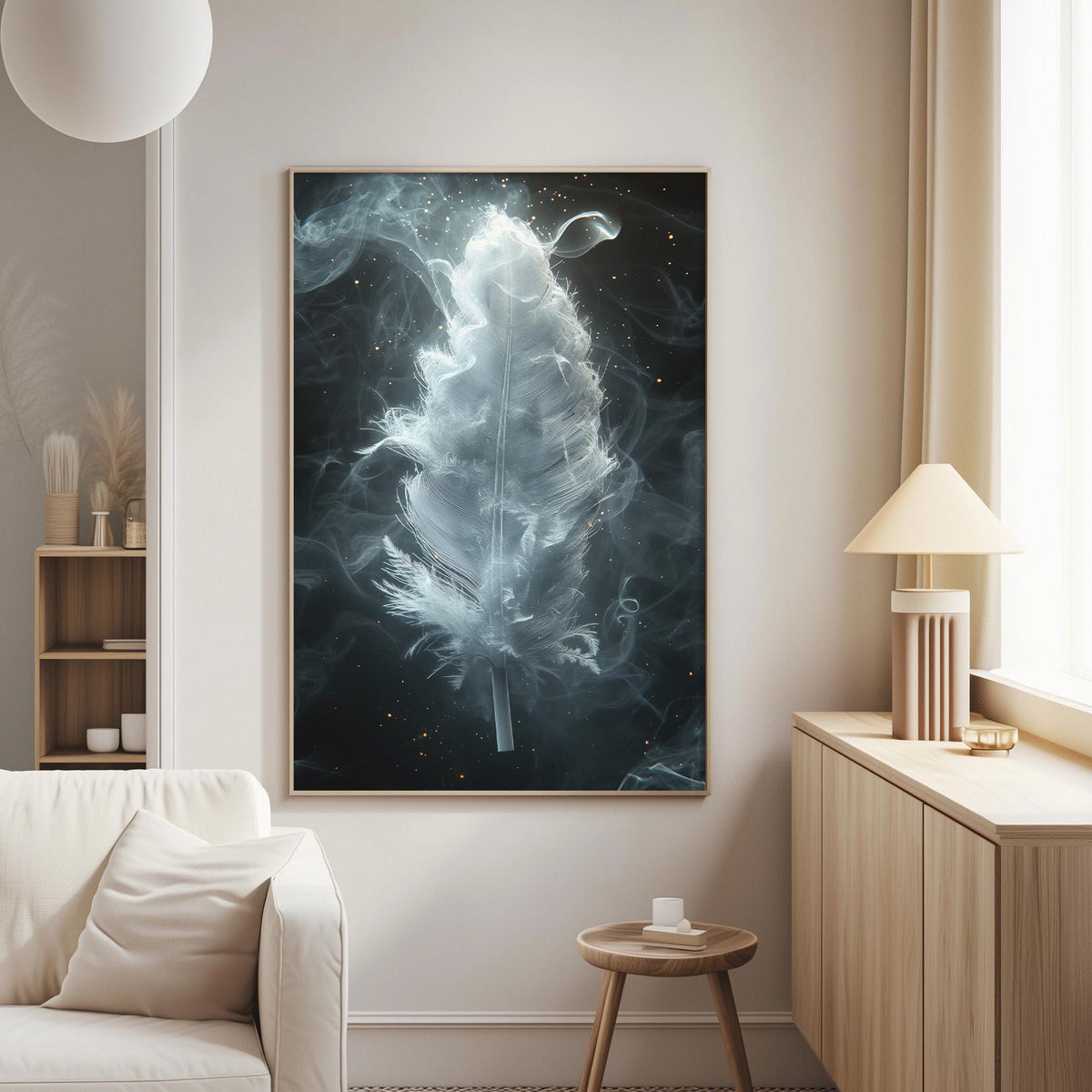 a large framed artwork depicting a feather floating in a dark, starry sky.
