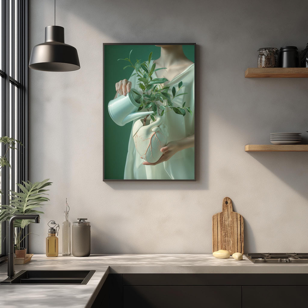 a kitchen scene with a framed painting of a person holding a plant, a wooden cutting board, and various kitchen items such as a sink, a bottle, and a vase.