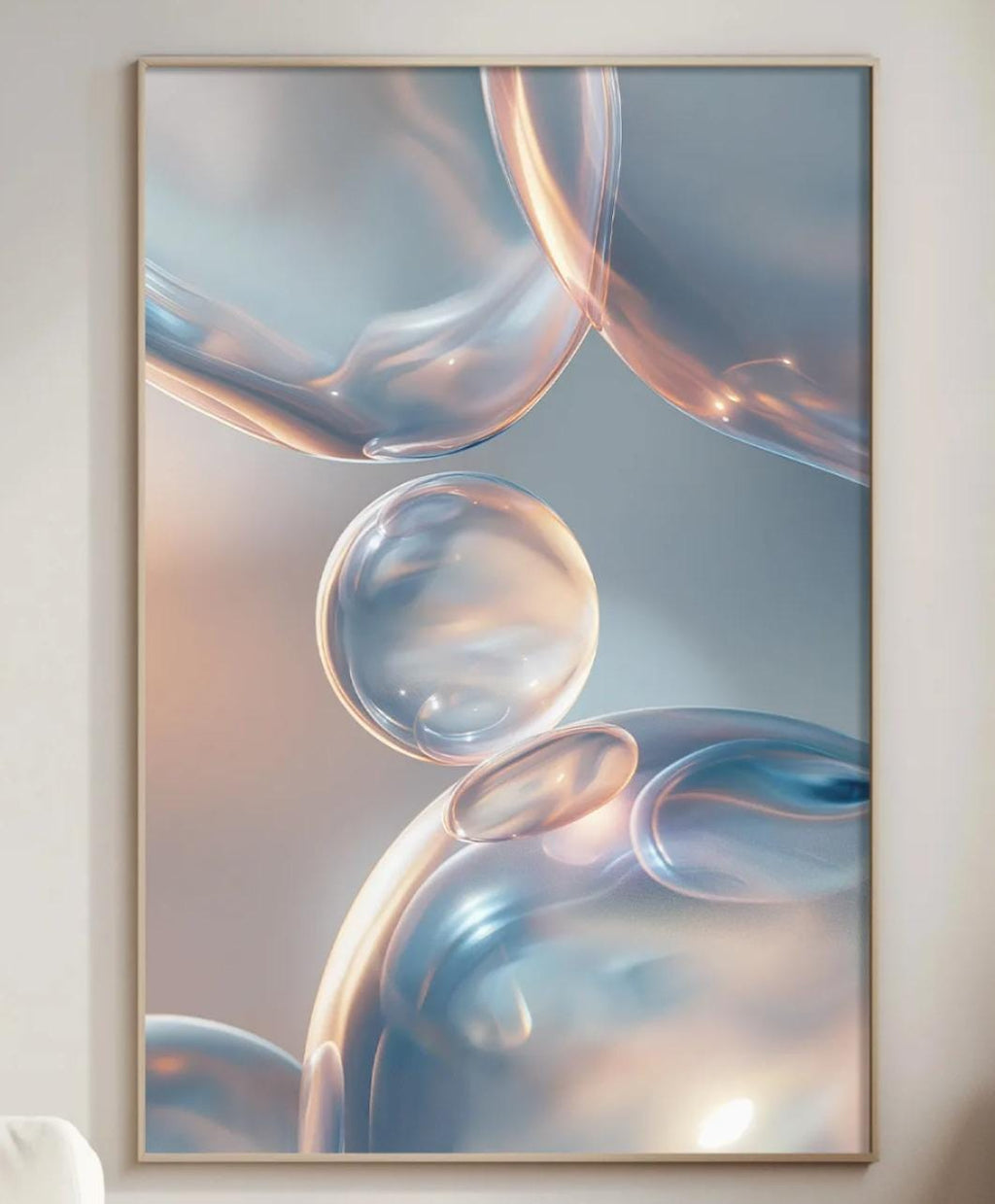 a large abstract painting of bubbles hanging on the wall of a living room.
