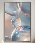 a large abstract painting of bubbles hanging on the wall of a living room.