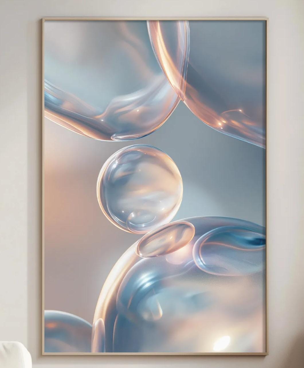 a large abstract painting of bubbles hanging on the wall of a living room.