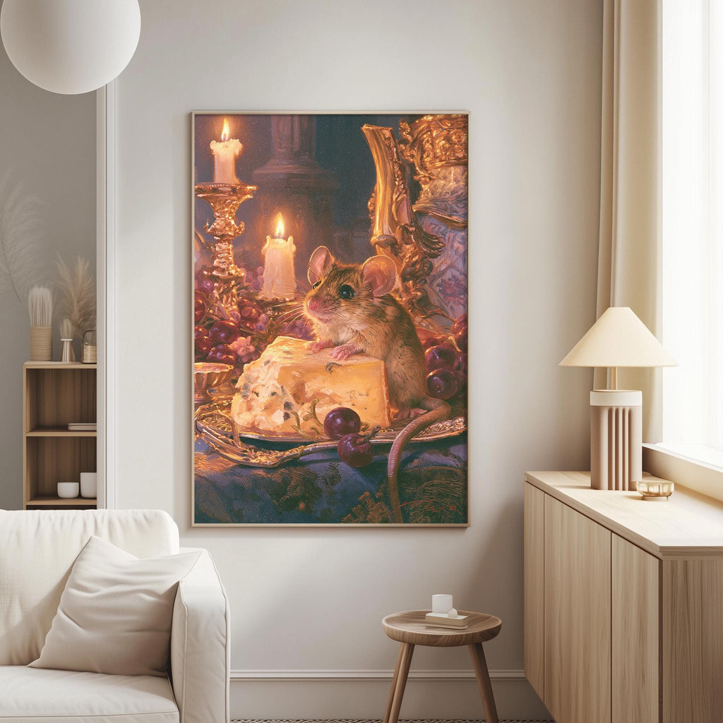 a cozy living room with a large painting of a mouse sitting on a plate of cheese, surrounded by candles and grapes, creating a warm and inviting atmosphere.