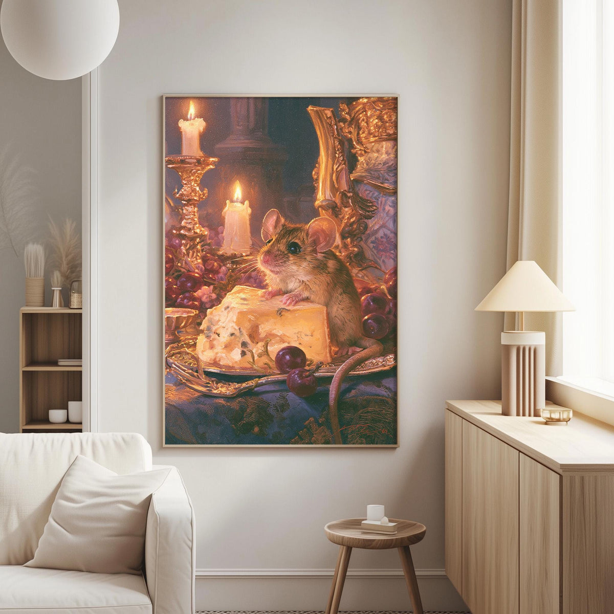 a cozy living room with a large painting of a mouse sitting on a plate of cheese, surrounded by candles and grapes, creating a warm and inviting atmosphere.
