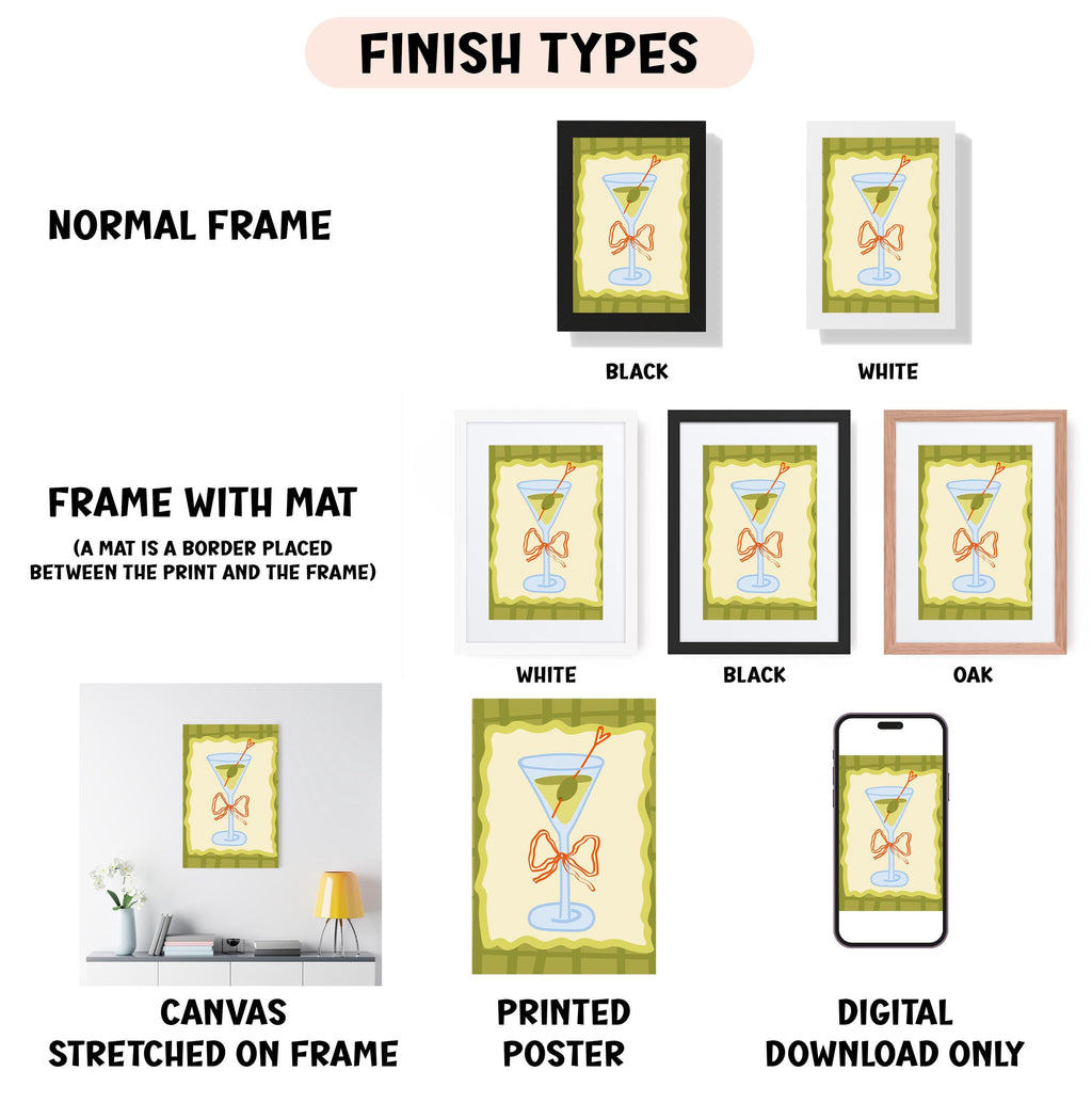 various finish types for framed artwork, including a normal frame, a frame with a mat, a white frame, a black frame, an oak frame, a white canvas stretched on a frame, a printed poster, and a digital download only.