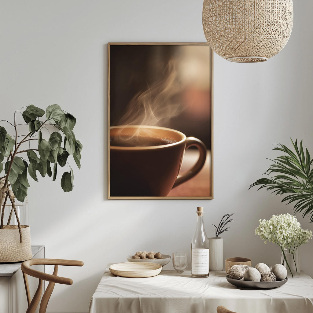 a cozy and inviting dining area with a table set for a meal, a framed picture of a steaming cup of coffee, and various decorative elements such as potted plants and vases.