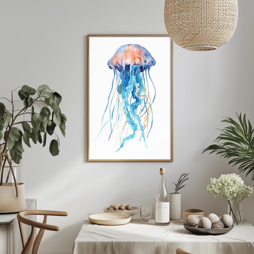 a framed watercolor painting of a jellyfish hanging on a wall, with a dining table and chairs in the foreground.