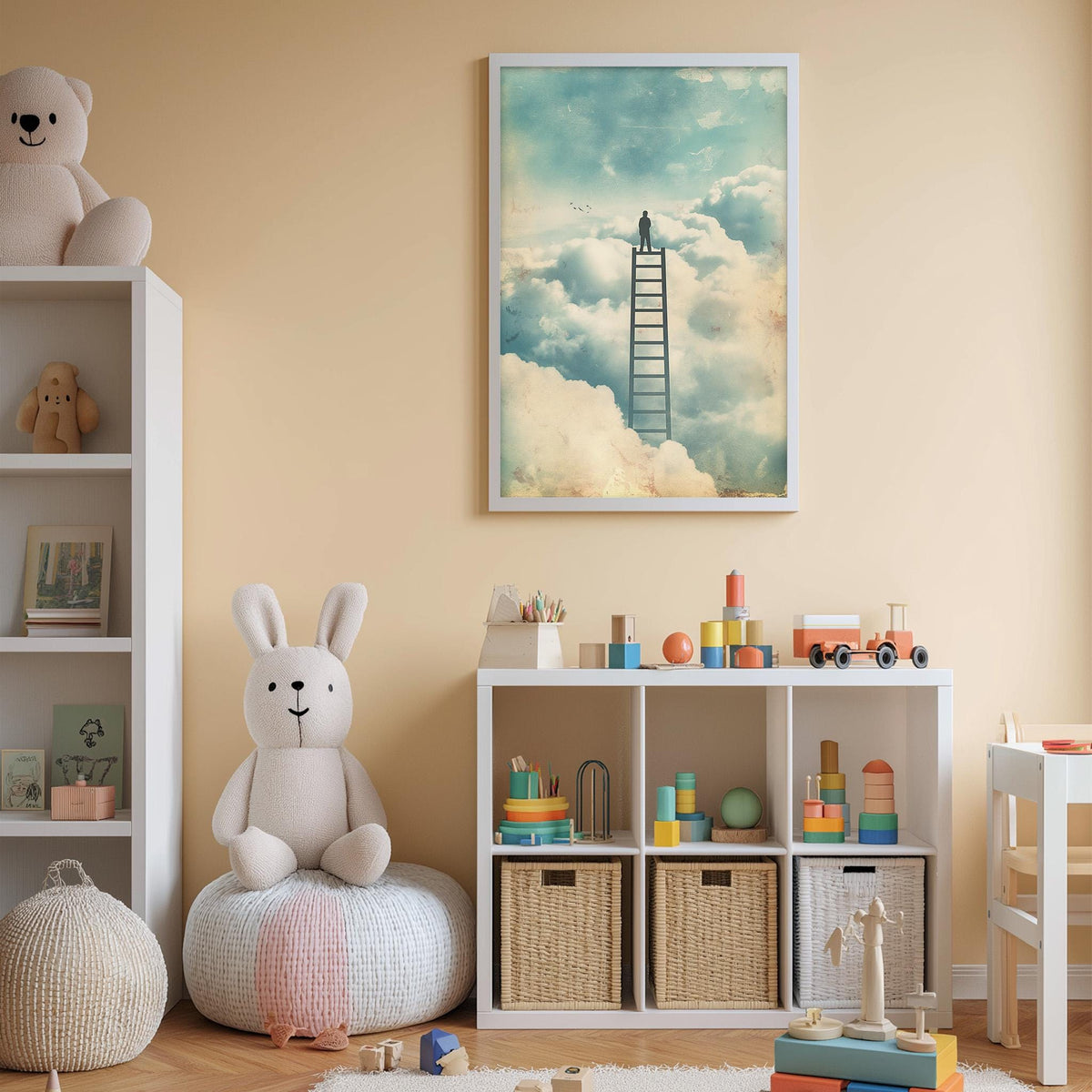 A cozy children's room with a white bookshelf, a plush rabbit, and a colorful toy box filled with toys. Above the bookshelf, there is a framed picture of a ladder leading up to a sky scene with clouds and a person on top.