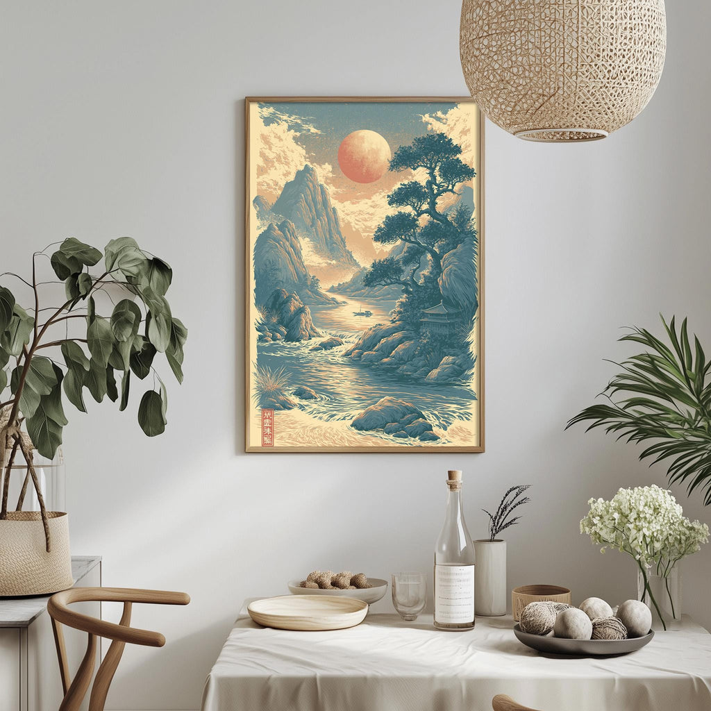 a serene landscape with a large sun in the sky, surrounded by mountains, trees, and a calm body of water. The scene is framed and hung on a wall, creating a focal point in the room. The table is set with various items, including a bottle, a bowl, and a vase, suggesting a dining or gathering area. The room is decorated with potted plants and other natural elements, creating a peaceful and harmonious atmosphere.