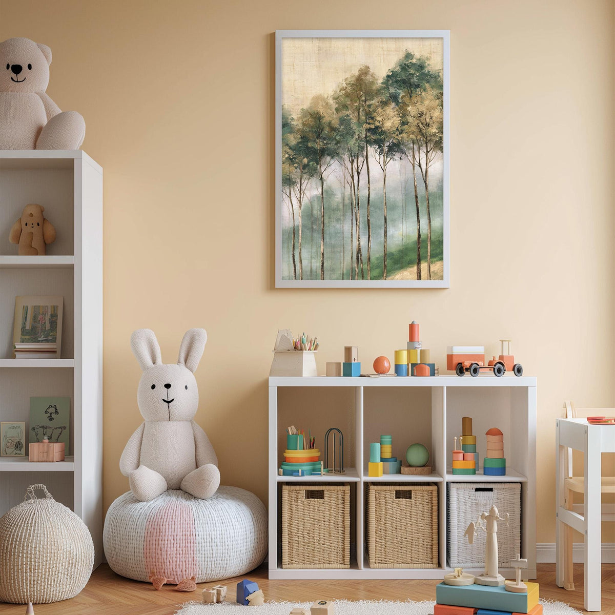 A cozy children's room with a white bookshelf, a plush rabbit, and a colorful toy box filled with toys. A framed painting of trees hangs on the wall above the bookshelf.