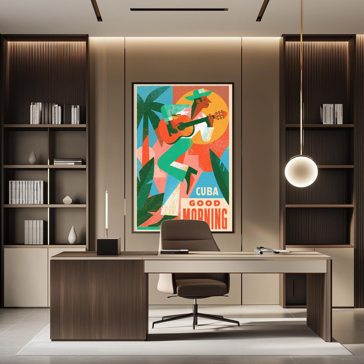 a modern office space with a desk, chair, and a large colorful poster on the wall.