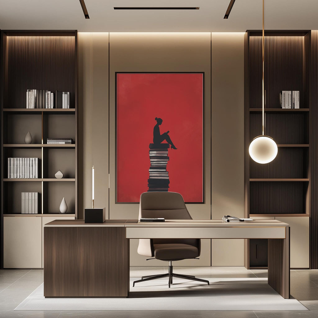 a modern and minimalist office space with a large wooden desk, a comfortable chair, and a striking red abstract painting on the wall.