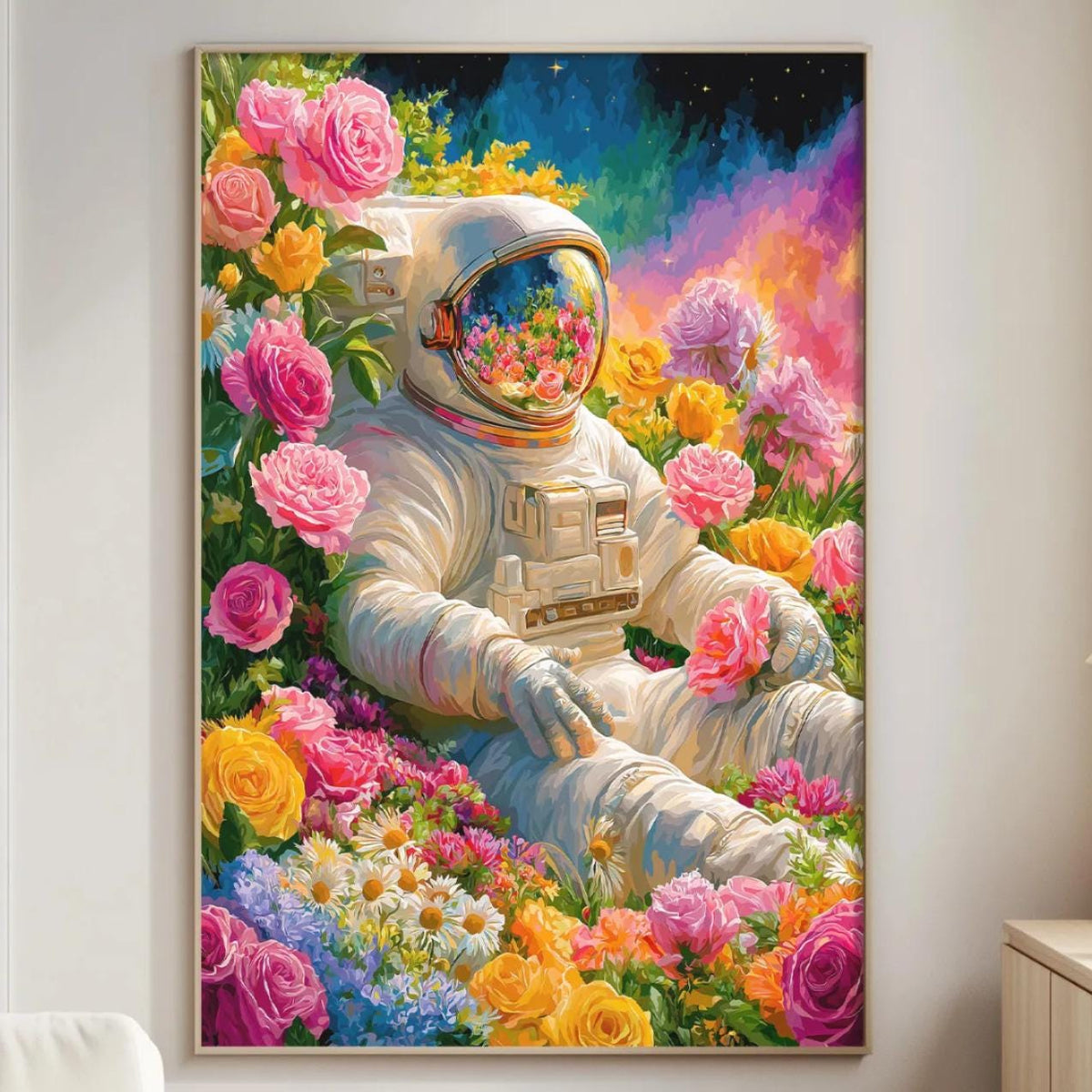 a vibrant and whimsical painting of an astronaut floating amidst a colorful garden of flowers.