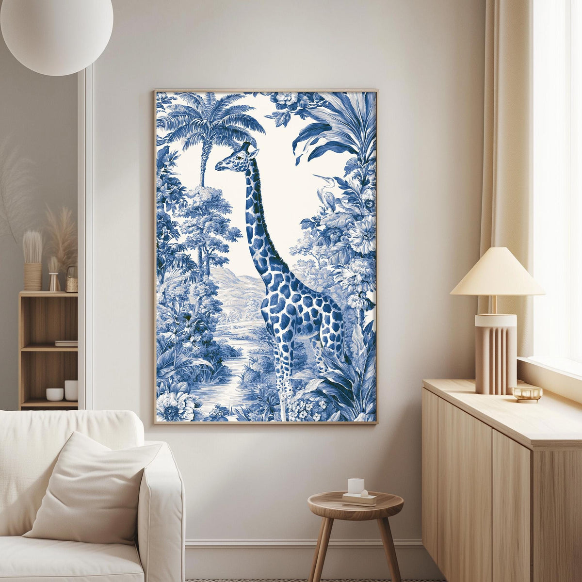 a large blue and white painting of a giraffe in a tropical jungle setting, hanging on a wall in a living room.