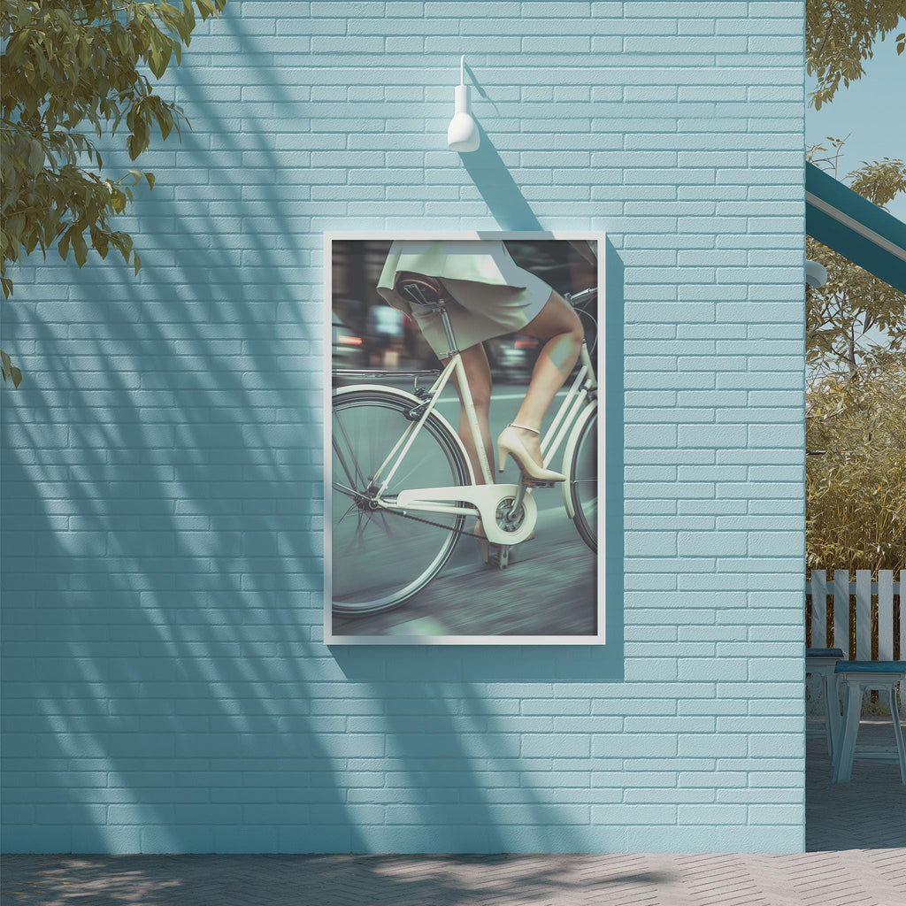 A framed image of a woman riding a bicycle is displayed on a light blue brick wall.