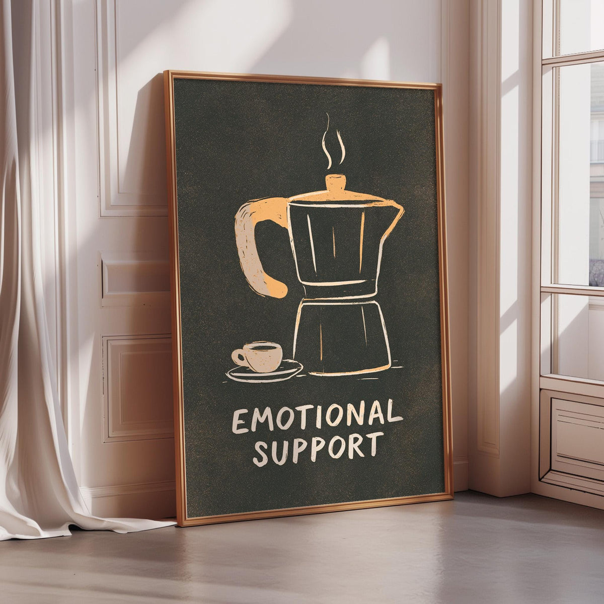 a framed poster with a coffee maker and a cup of coffee, accompanied by the text "Emotional Support" on the poster.