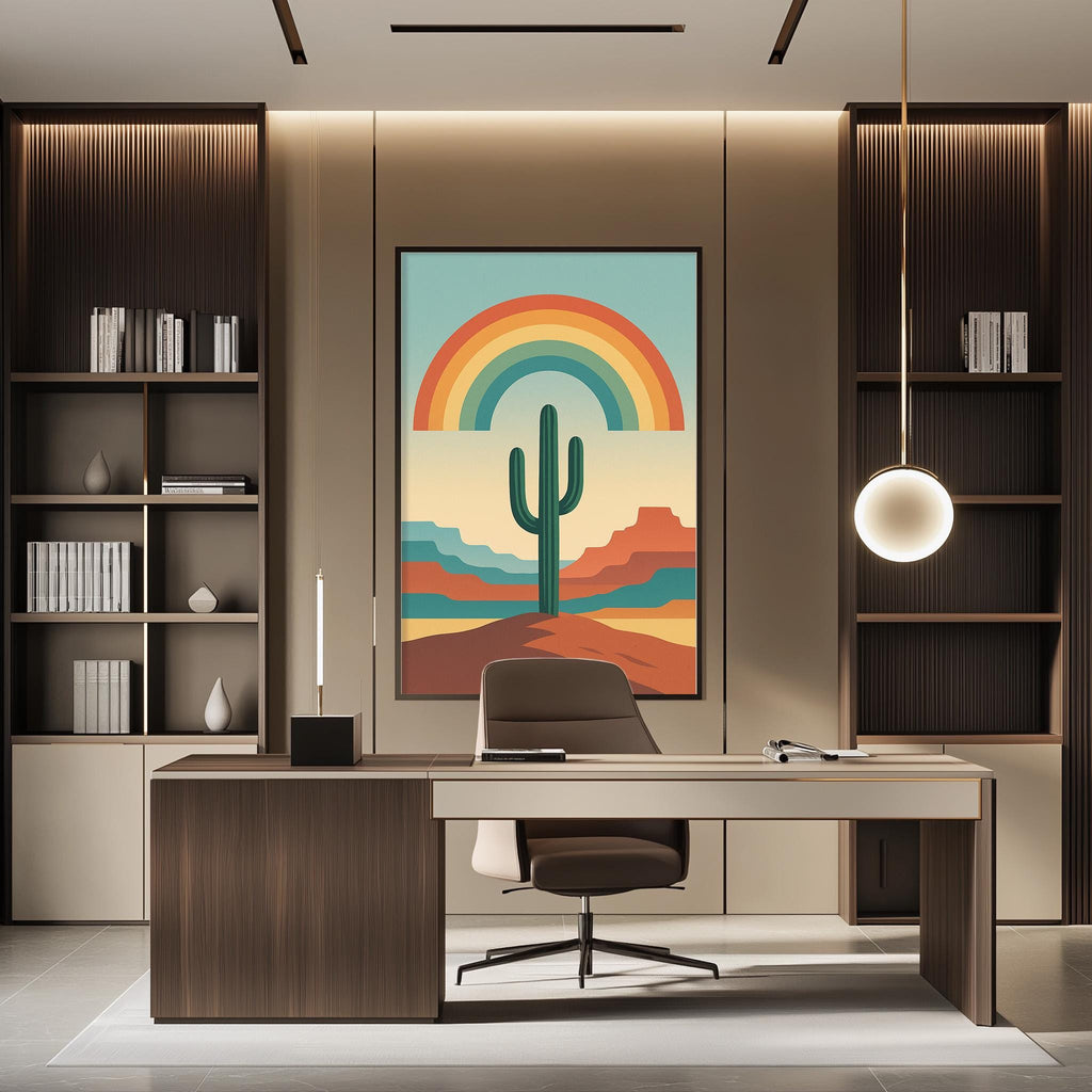 a modern office space with a large framed desert landscape painting on the wall, featuring a cactus and mountains in the background. The office has a wooden desk and chair, and a bookshelf filled with books and decorative items.