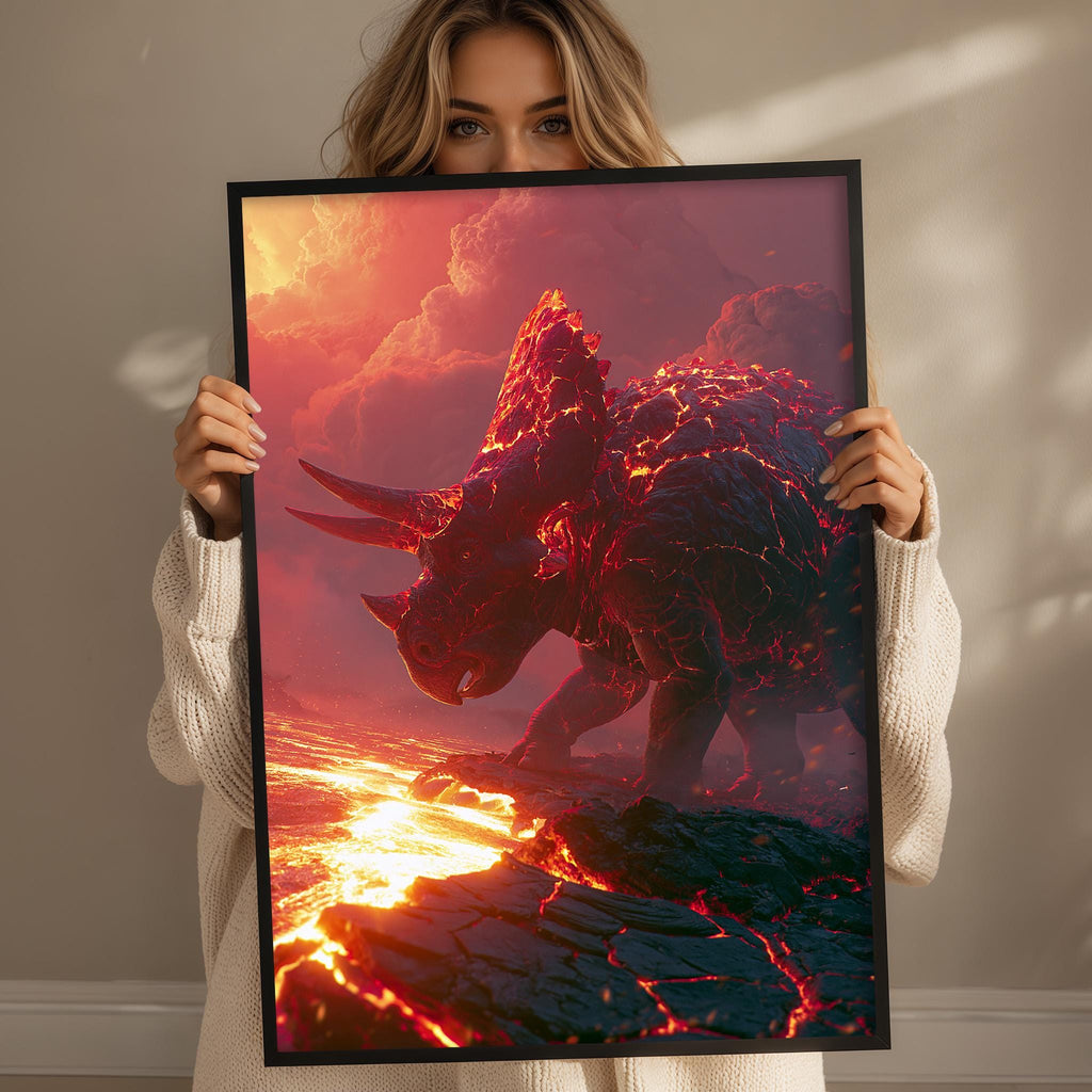 A woman holds up a framed image depicting a fiery, red-tinted dinosaur with horns and a fiery tail, set against a dramatic, fiery background.