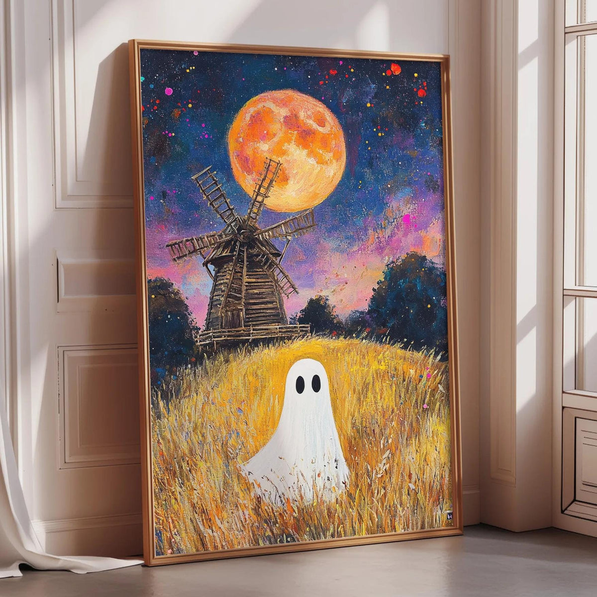The image is a painting depicting a ghost standing in a field with a windmill in the background, under a large, bright orange moon.