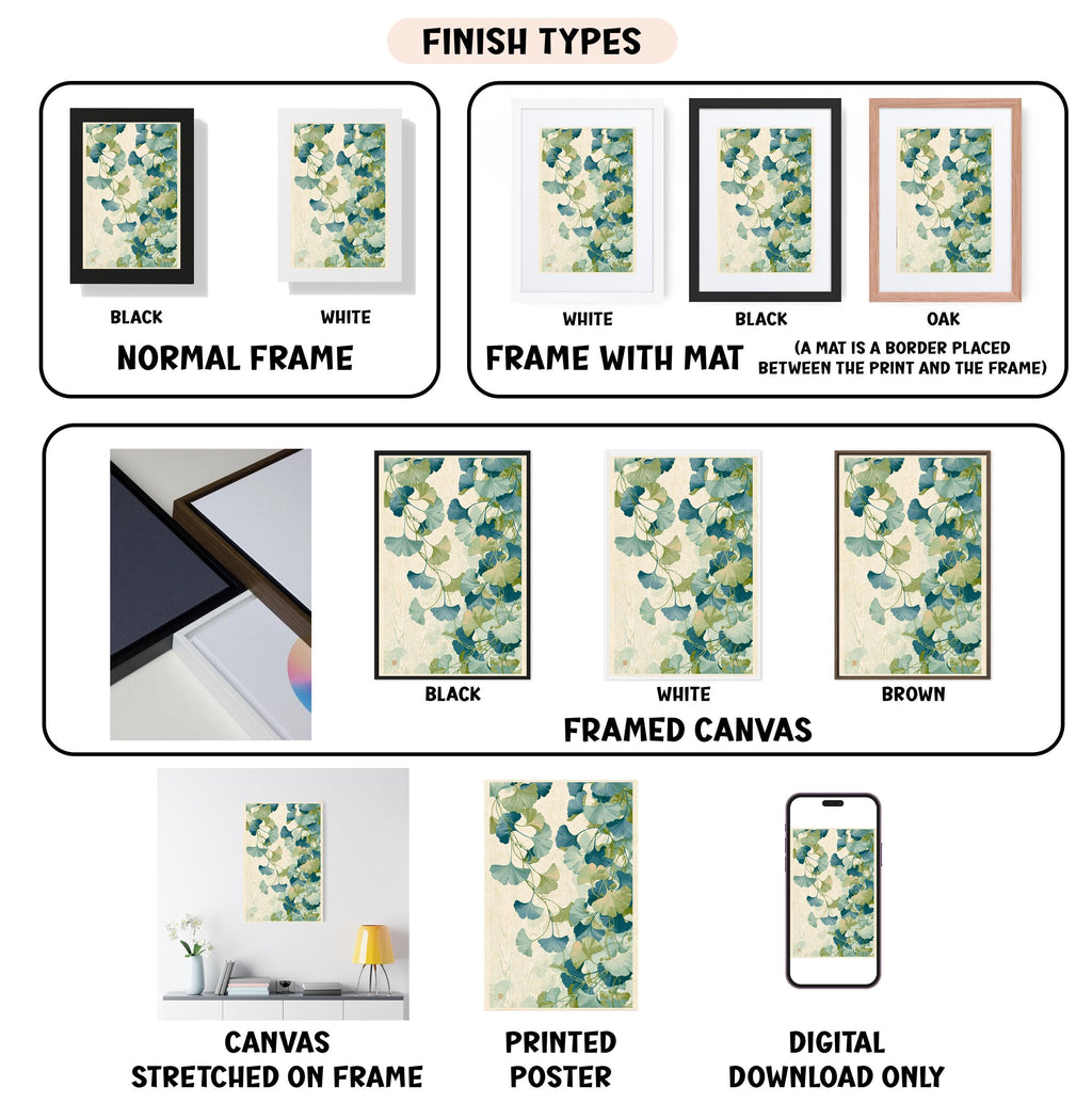 The image is a collection of different finish types for framed artwork, including canvas, stretched on frame, framed canvas, printed poster, and digital download only.
