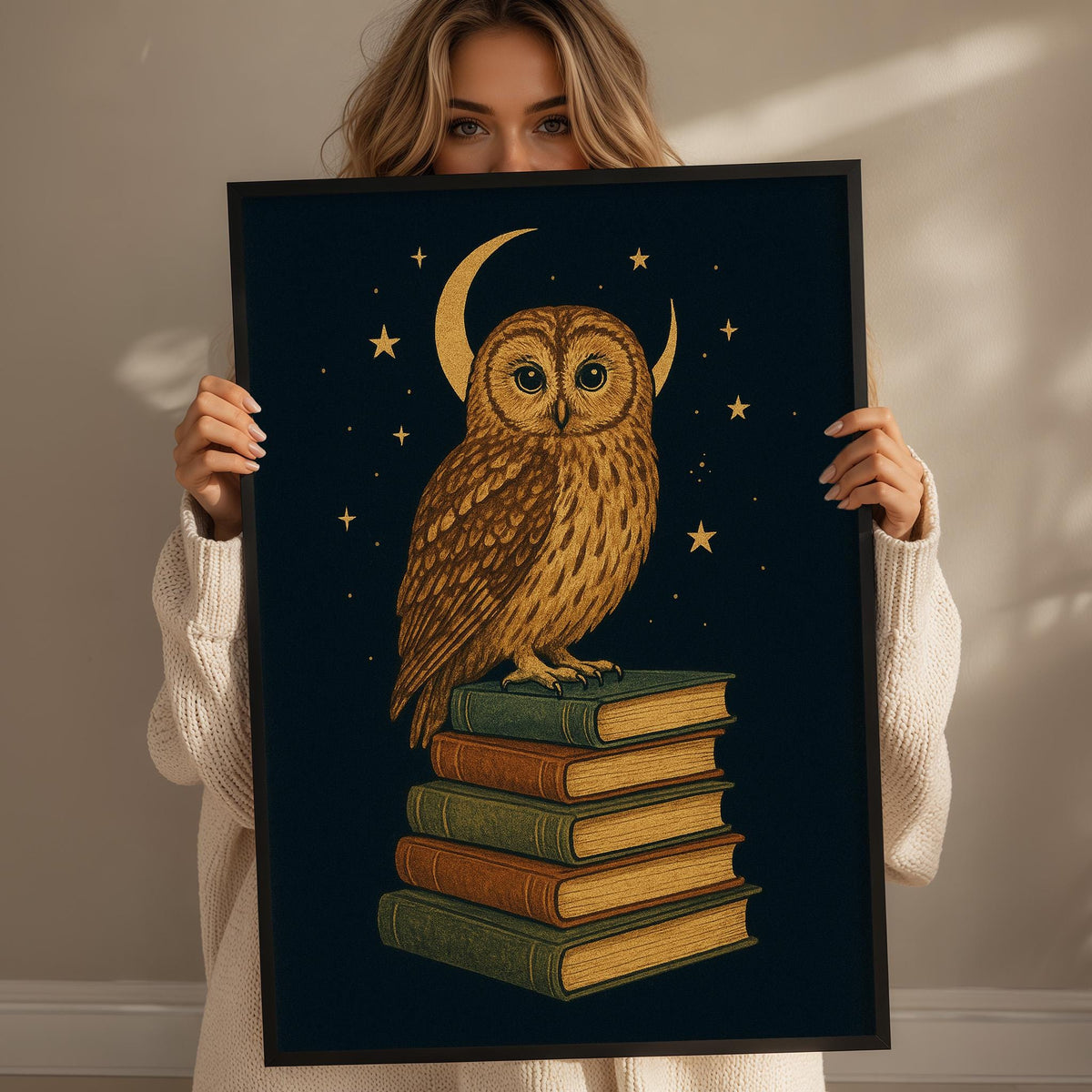 A woman holds up a framed print featuring an illustration of an owl perched on a stack of books, with a crescent moon and stars in the background.
